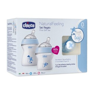 Chicco NaturalFeeling zestaw do karmienia butelka 150ml 0m+ + butelka 250ml 2m+ + smoczek PhysioForma Comfort 0m+ Niebieski (P1)